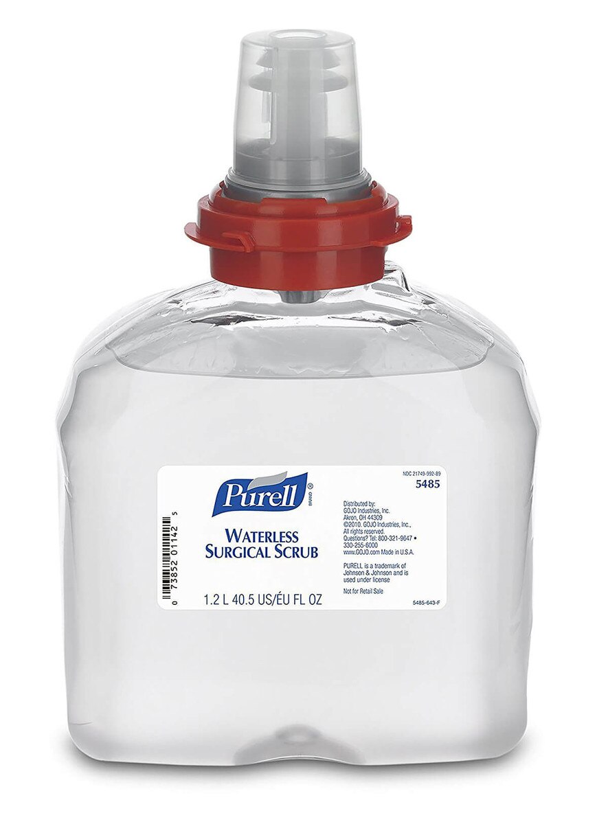 Single Purell Waterless Surgical Scrub Gel TFX 1,200ml refill bottle with front label and red collar cap visible.